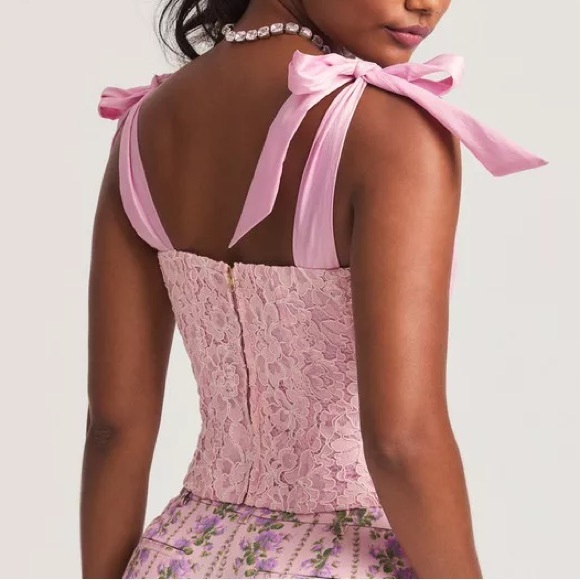 NWT LoveShackFancy Azina Lace Front Tie Shoulder Bustier Top - Ballerina Pink - Picture 4 of 16